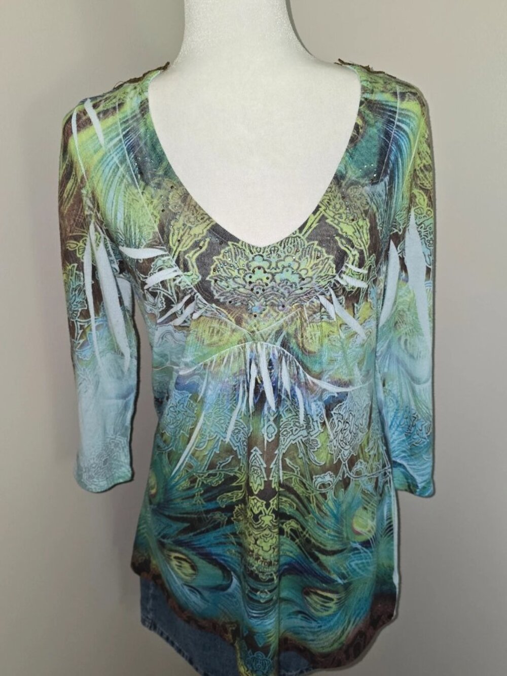 Boho peacock print embellished v neck tunic top